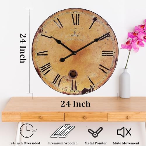 24 Inch Vintage Rustic Clock Silent Large Wall Clock - Image 2