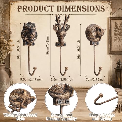 Hicarer 3 Pcs Whimsical Animal Wall Hooks Cast Iron Hangers - Image 2