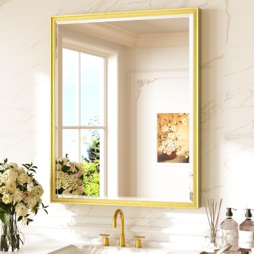 Keonjinn 30" x 36" Gold Bathroom Mirror, HD Tempered Glass, Aluminum Alloy by Keonjinn
