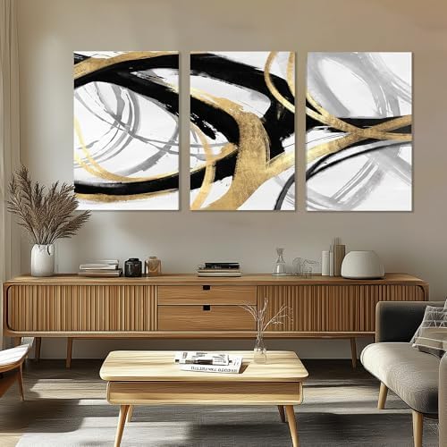 DUWQU Triptych Black Gold White abstract Lines Canvas Wall Art 16x24 in x3 - Image 5
