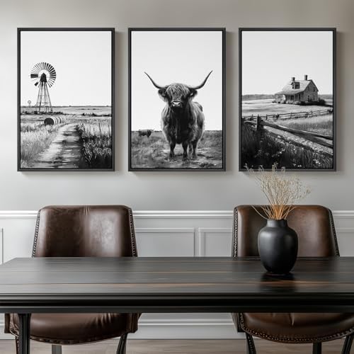 Framed Black and White Western Highland Cow Wall Art, 3 Pieces 20x30 In - Image 4