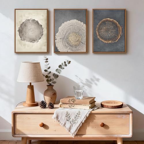 3Pcs Neutral Tree Ring Framed Canvas Wall Art Beige Gray Paintings 12"x16" - Image 2
