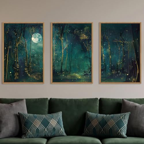 Mystical Dark Green Night Sky Framed Canvas Wall Art Set, Moody Magical - Image 2