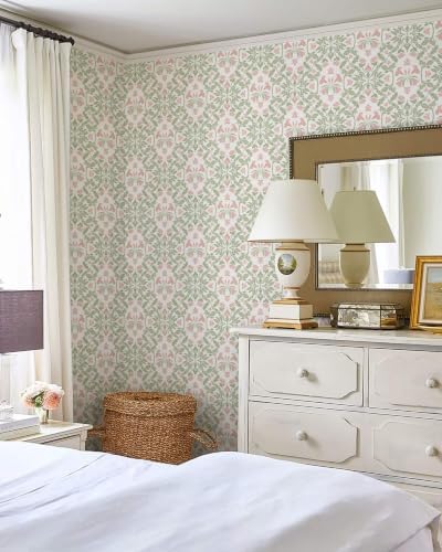 Heroad Vintage Damask Floral Peel Stick Wallpaper Green/Pink Contact Paper - Image 2