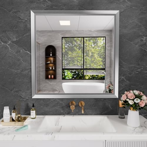 Amorho Bathroom Mirror for Wall 36x36 Inch, Brushed Silver Metal Framed by Amorho