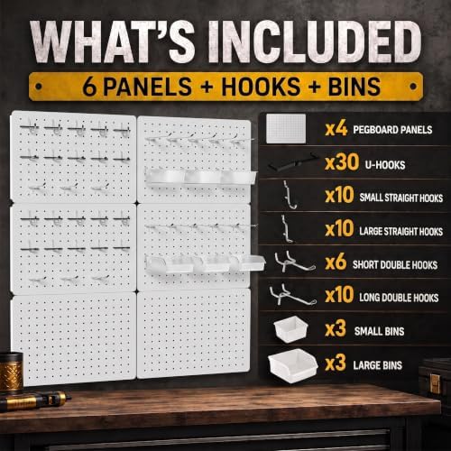 Peg board, Metal Pegboard for Tools, 6 Pack White Wall Organizer - Image 2
