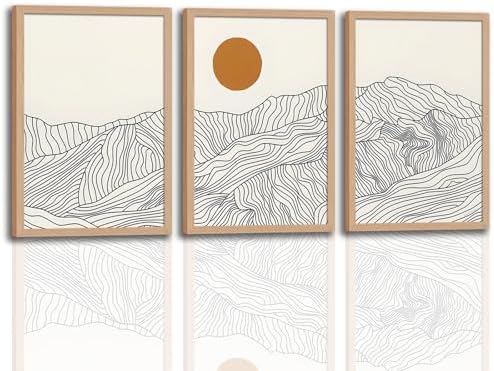 Abstract Wave Line Mountain Framed Canvas Wall Art, Boho Sun Wall Decor by Unknown