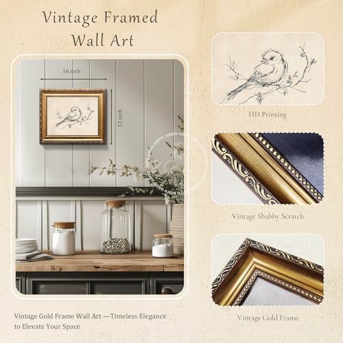 uniro Vintage Gold Framed Wall Art, Minimalist Bird Sketch Canvas Art Prints - Image 2