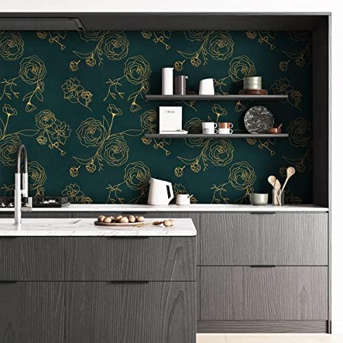 Safiyya 196"x17.3" Peel and Stick Wallpaper Gold and Teal Green Contact Paper - Image 5
