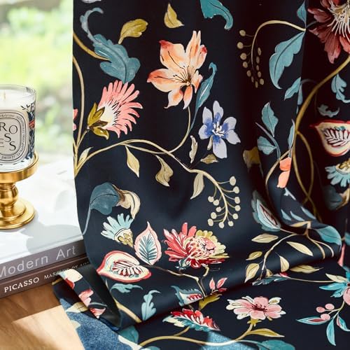 jinchan Dark Blue Floral Blackout Curtains 84 Inch Back Tab 2 Panels - Image 2