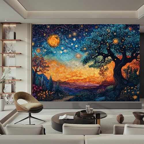 Colorful Large Wall Mural Wallpaper Starry Sky Trees Landscape Van Gogh - Image 2