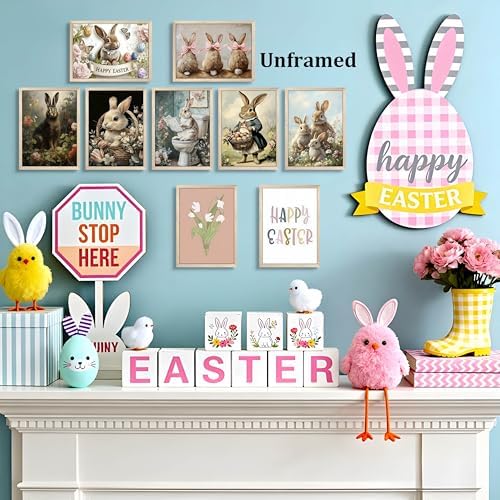 Vintage Easter Bunny Wall Art Set of 9, Cute Rabbit Canvas Print Prints - Image 4