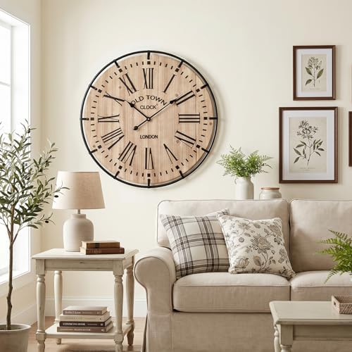 EMAX HOME 30 Inch Rustic Wall Clock, Warm Light Oak Wood Look - Image 6
