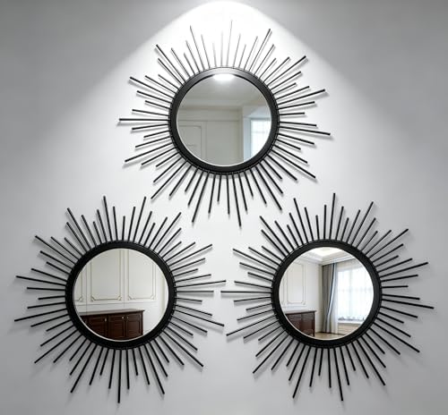 Black Sunburst Mirror Set of 3, Starburst Accent Mirror Wall Decor by HMANGE