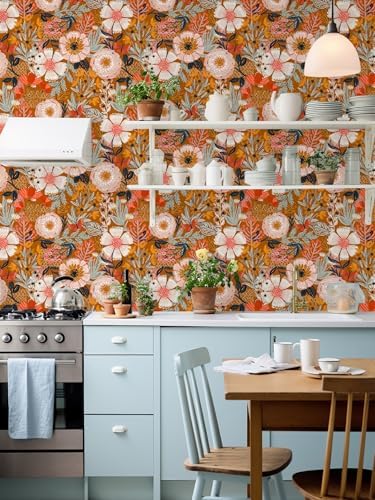 HAOKHOME Boho Wallpaper Peel and Stick Floral Retro Orange Pink Colorful - Image 3
