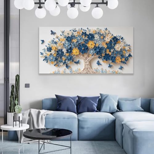 Blue Yellow Floral Tree Of Life Butterfly Canvas Wall Art Decor 24" X 48" - Image 3