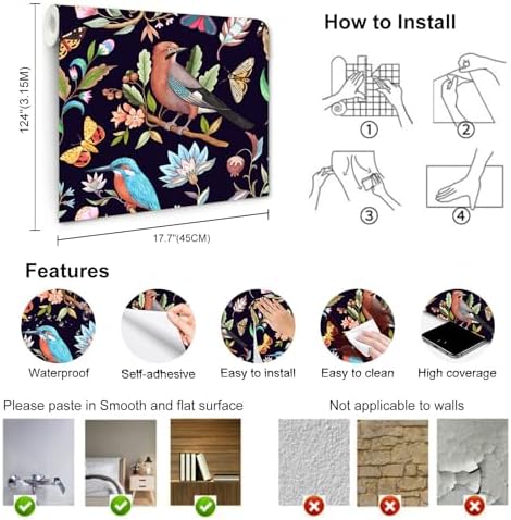 Vintage Black Floral Bird Peel and Stick Wallpaper 17.7" x 124" - Image 4