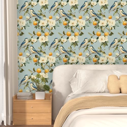 Laatse Vintage Light Blue Bird Floral Fruits Botanical Wallpaper 17.5"x393" - Image 2