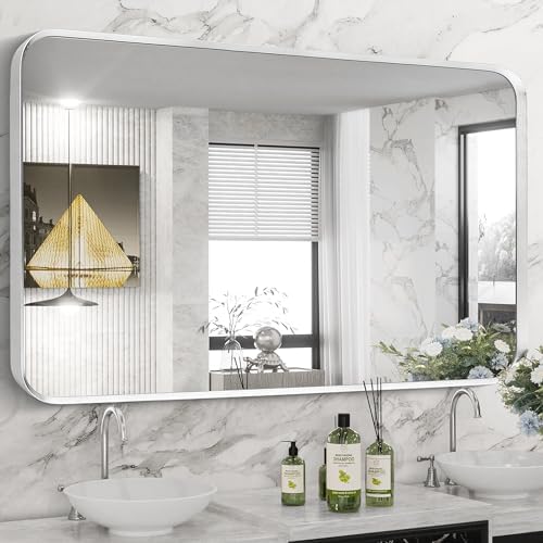 Silver Bathroom Mirror 30x55in, Metal Framed Rounded Rectangle by Minuover