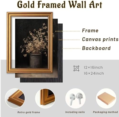 Gold Framed Moody Floral Wall Art, Vintage Fall Dried Flowers Vase Pictures - Image 2
