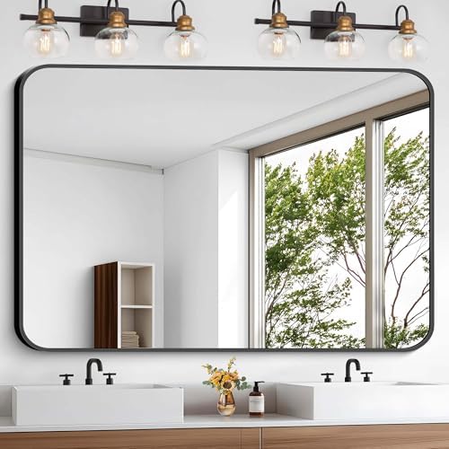 Bathroom Mirror, 48x36 inch Black Rectangle Wall Mirror, Metal Frame Rounded by WelcometoCIVENO