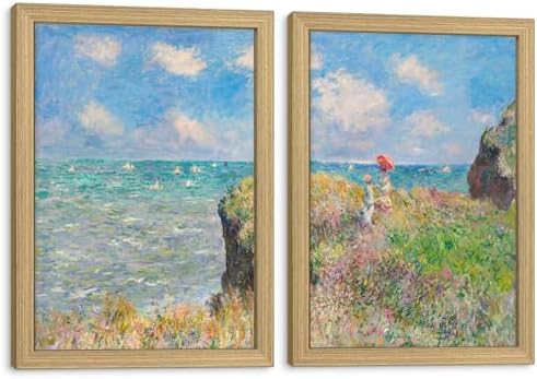 Monet Coastal Landscape Canvas Wall Art 2Pcs Framed Home Decor 12X16 Inch by Unknown