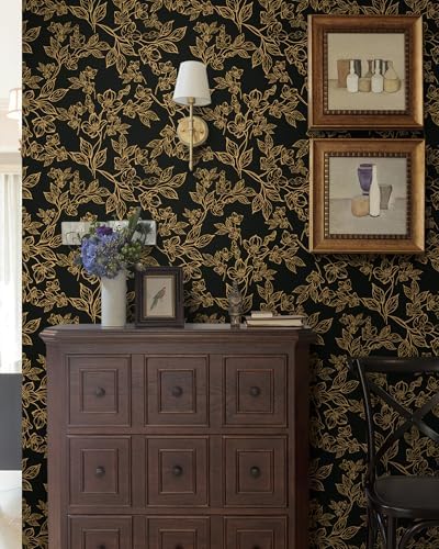 Ismoon Dark Floral Peel Stick Wallpaper Black Gold Wallpaper 17.3x78.7in - Image 6
