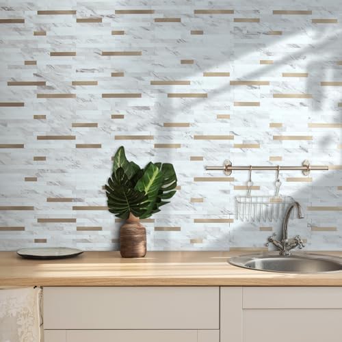 AULIGET 20 Sheets Faux Stone White Marble Peel and Stick Backsplash, PVC Mixed - Image 2
