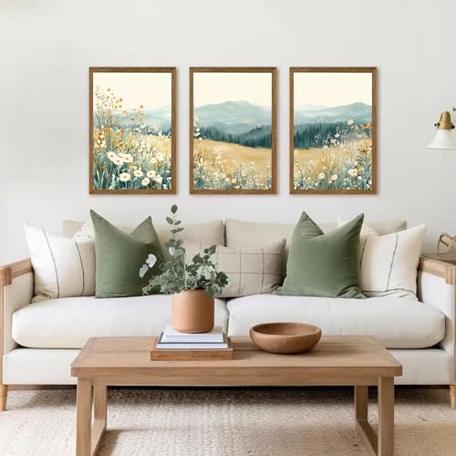 AVECCO 3 Pieces Wildflower Meadow Mountain Framed Canvas Wall Art 16x24 in - Image 3