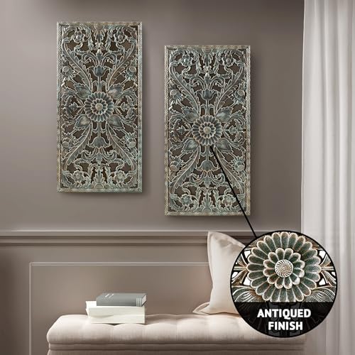 Madison Park Carved Wood Wall Art 2 Piece, Floral Wooden Carving Wall Decor - Image 2