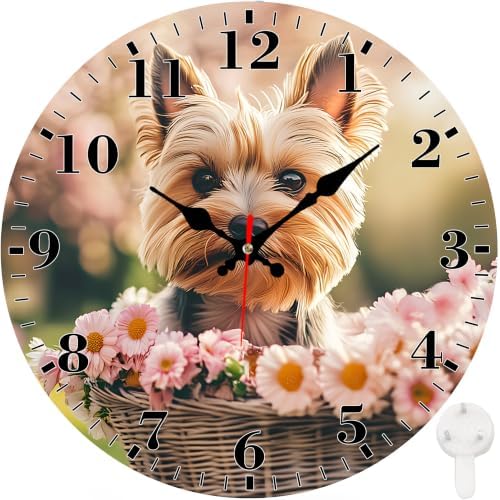 12" Silent Wall Clock, Round Wall Clock, Flower Basket Puppy by Unknown