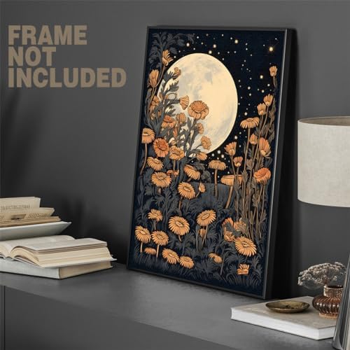 Vintage Moon Flowers Canvas Wall Art, Retro Mystical Celestial Moon Poster - Image 5