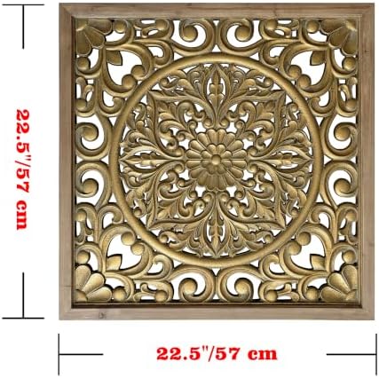 XIAOAIKA Boho Carved Wood Wall Art Panel, Floral Mandala, Distressed Gold - Image 2