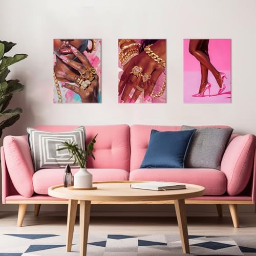 Black Girl Wall Art Set of 3 Pink Fashion Black Woman Canvas Wall Decor - Image 5