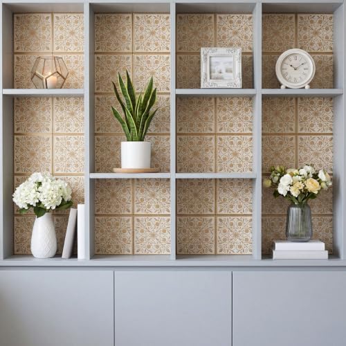 36 Pack of 8 x 8" Wallpaper Tiles Peel and Sitck in White and Gold Leaves - Image 5