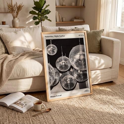 70s Disco Ball Wall Art 8x10in Wood Grain Frame Vintage Black and White - Image 4