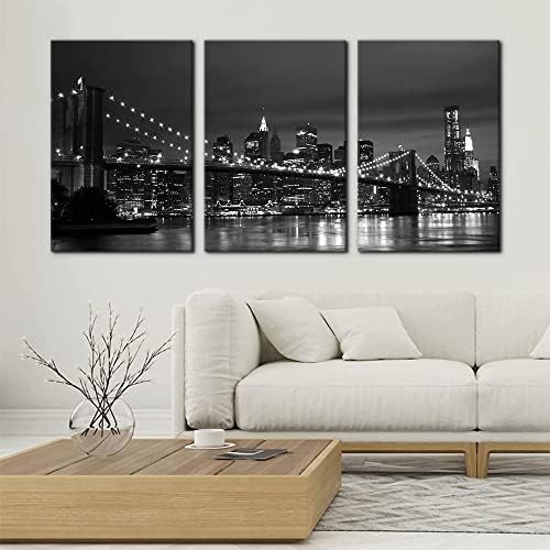 Pacimo New York Brooklyn Bridge Canvas Wall Art 3 Panels Night View Modern - Image 2