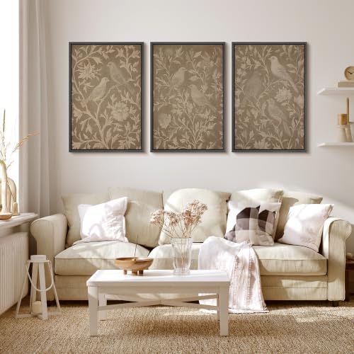 MUDECOR Framed Canvas Print Wall Art Set Taupe Bird Toile - Image 2