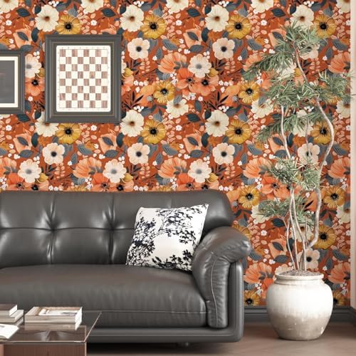 BOKEBEVE Floral Wallpaper Peel and Stick Boho Vintage Orange 17.5 x 393.5In - Image 2