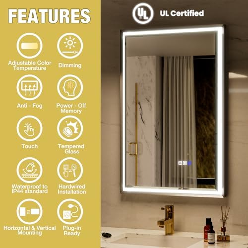 22x34 LED Bathroom Mirror with Lights, Beveled Framed Smart Bathroom Vanity - Image 2