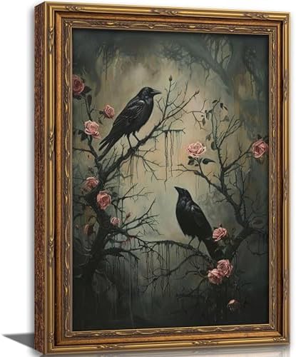 Vintage Gold Framed Raven Canvas Wall Art Dark Academia Gothic Painting Picture by Gothicart