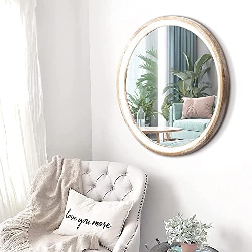 24 Inch Whitewashed Round Wood Mirror, Rustic Farmhouse Wall Mirrors - Image 4