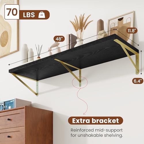 Deep Wall Shelves 48"W x 12"D Engineered Wood Floating Shelves - Image 2