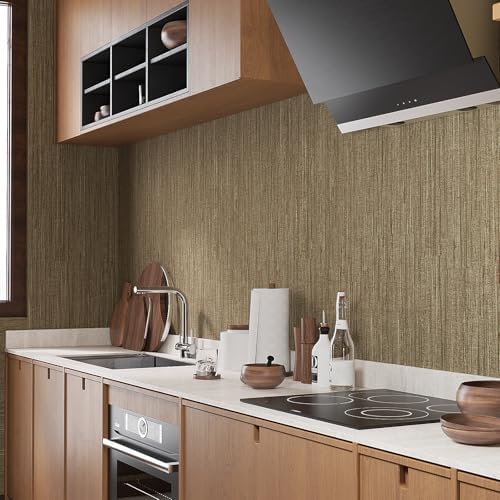 VaryStyle 15.7"x393" Tan Brown/Gold Grasscloth Peel and Stick Wallpaper Vintage - Image 2