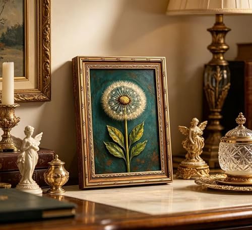 Vintage Gold Framed Dandelion Canvas Wall Art, Teal Background Botanical Oil - Image 2