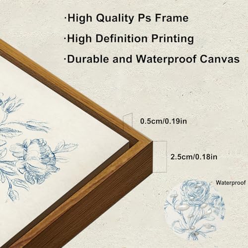 KBKBART Framed Wall Art Neutral Blue Rose Flower Sketch Canvas Prints - Image 3