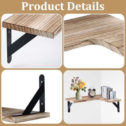 Set of 5 Corner Floating Shelves, Rustic Wood Shelve, Light Brown - Image 5