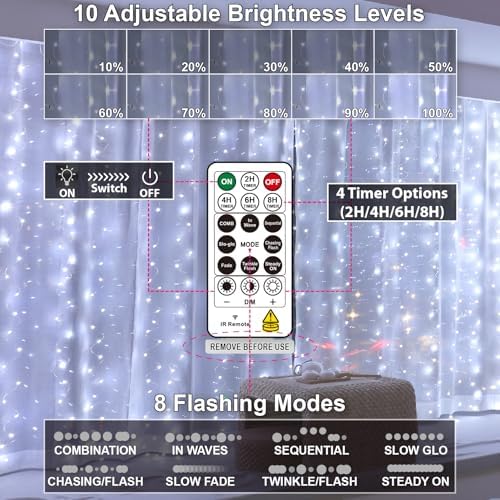 HXWEIYE 300LED Fairy Curtain Lights, 9.8x9.8Ft USB, 8 Modes & Timer - Image 4