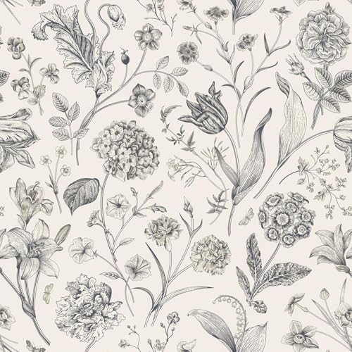 Beige and Black Floral Peel and Stick Wallpaper Floral 17in x 118in by lenify