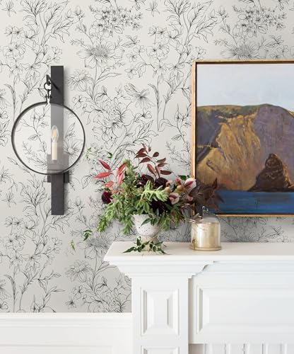 Hopepak Black and Cream White Wallpaper Floral Peel and Stick Wallpaper 17.3" x - Image 4